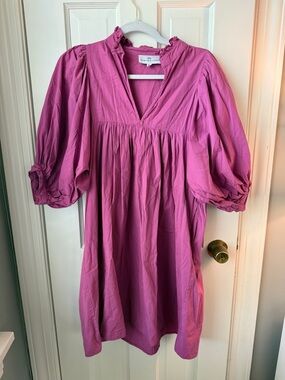 Never A Wallflower High Neck Dress Magenta Puff Sleeve V-Neck | Medium